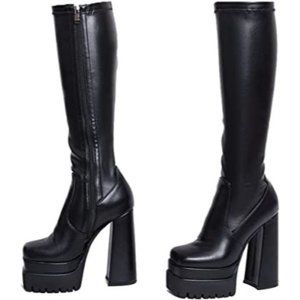 Womens Black Block Chunky Knee High Heel Platform Boots - Square Toe Motorcycle